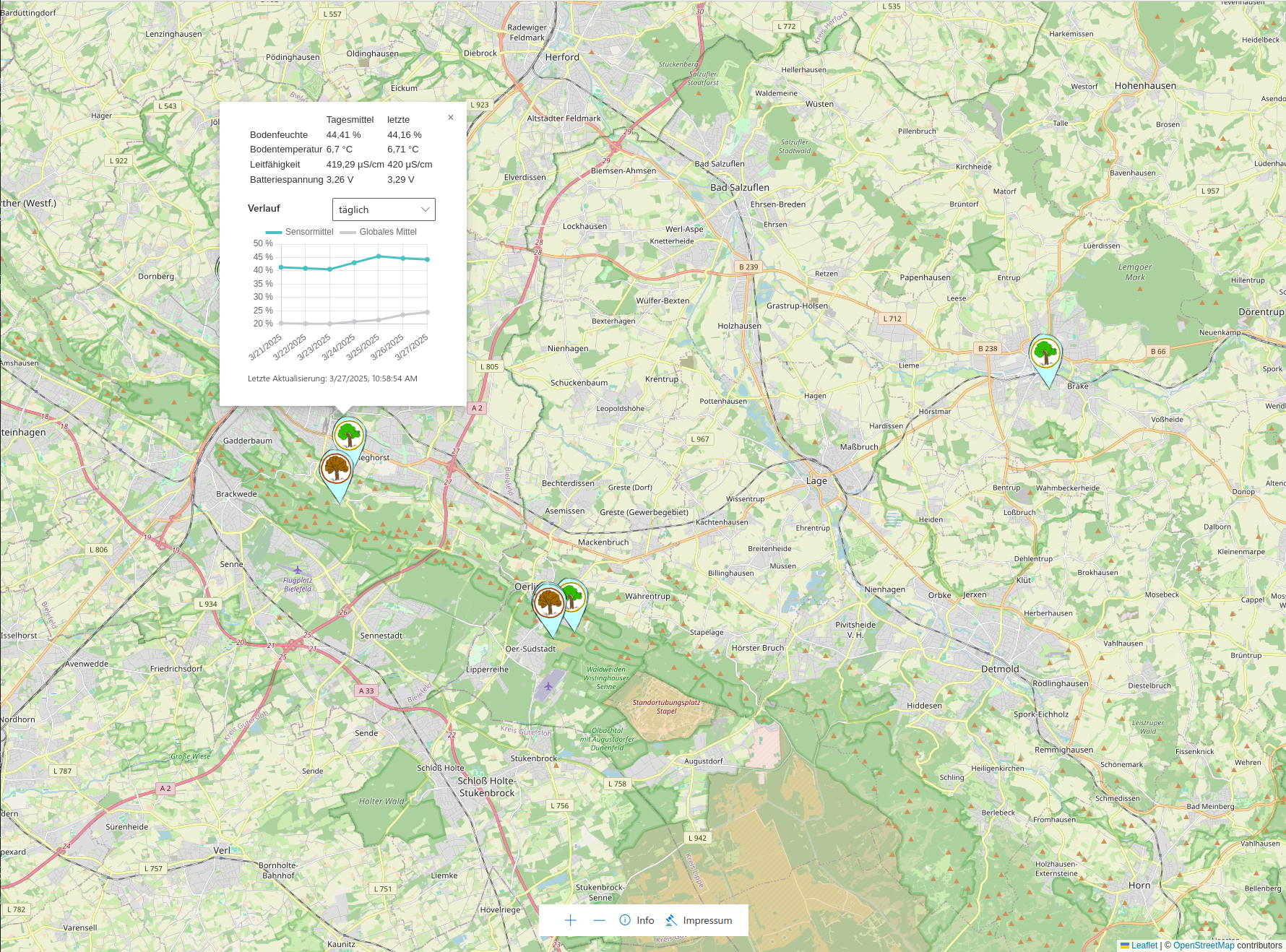 Screenshot Sichtbarmachung von Bodenfeuchtigkeit im Teutoburger Wald