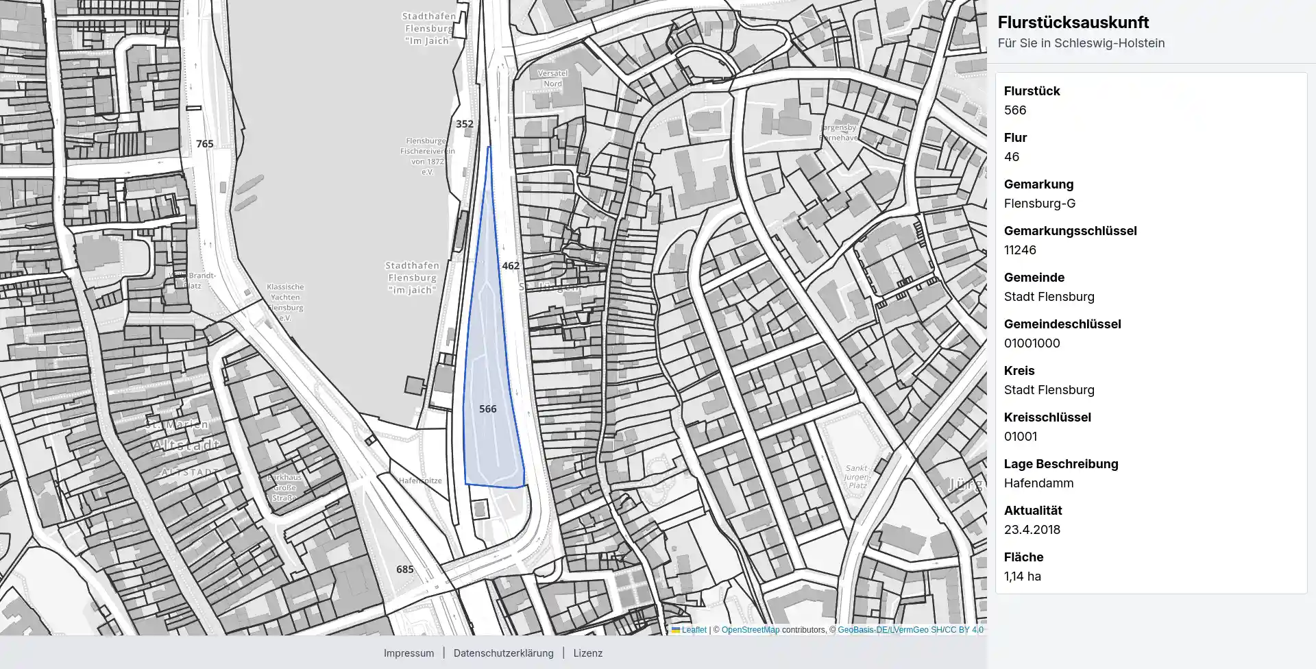 Screenshot Interaktive Flurstücksauskunft für Schleswig-Holstein